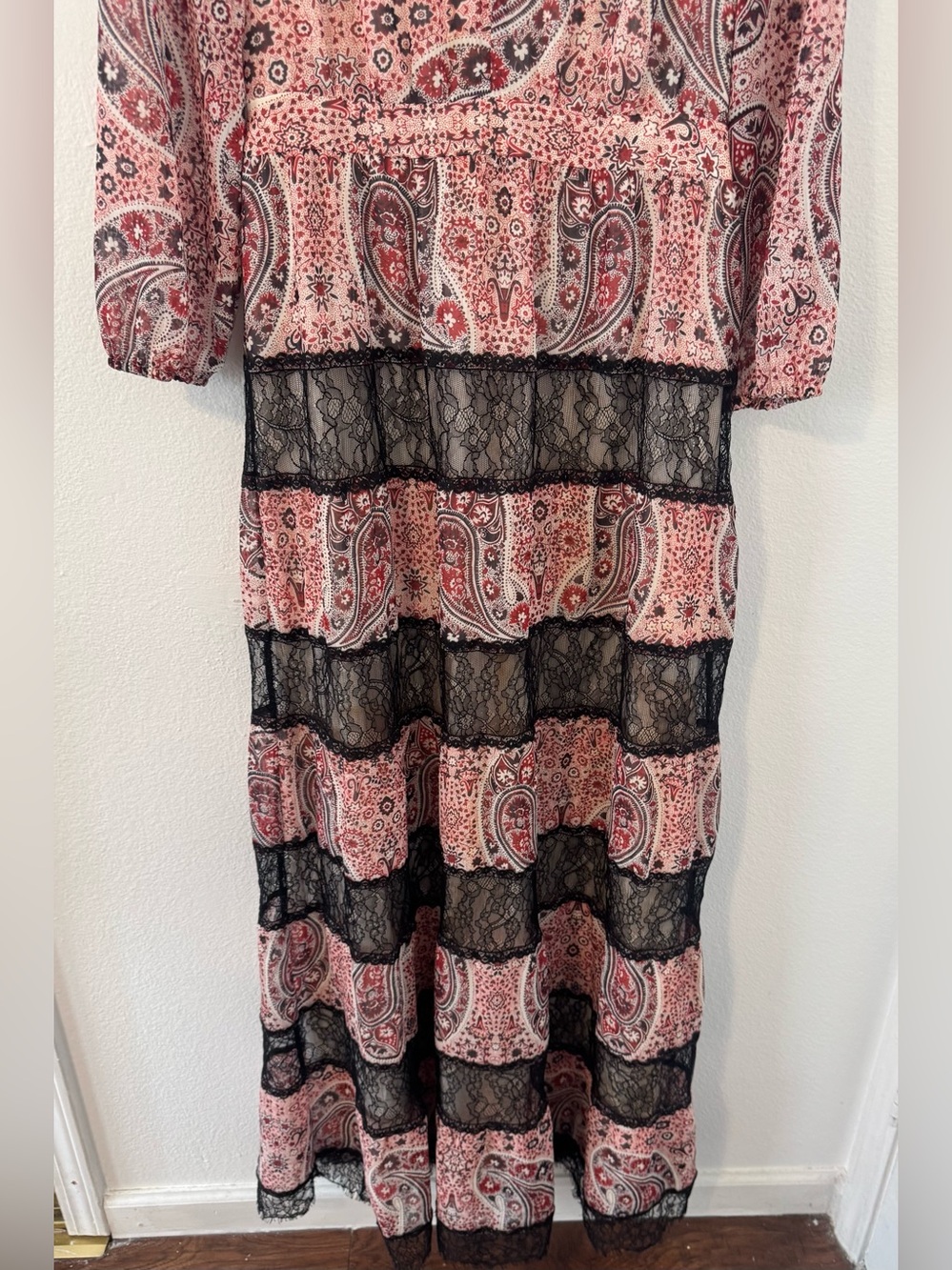 Alice + Olivia Pink Paisley Maxi Dress with Black Lace Panels